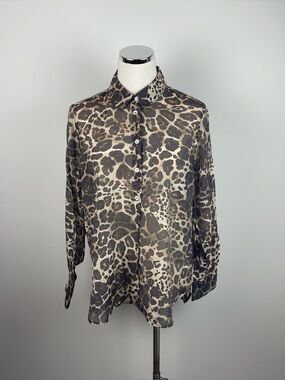 Bailey 44 Brown Tan White Leopard Animal Print Collared Button Down Top Medium
